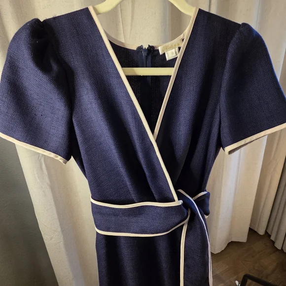 Fabulous Navy Wrap Dress with Cream Piping High Low - Picture 5 of 11